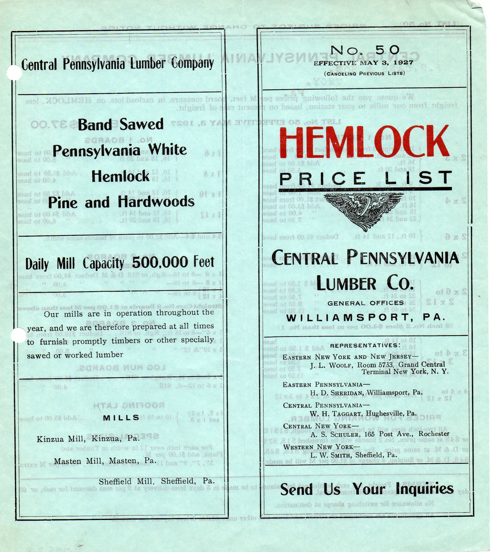 Random Artifact Time Hemlock Price List, 1927 Pennsylvania Lumber Museum