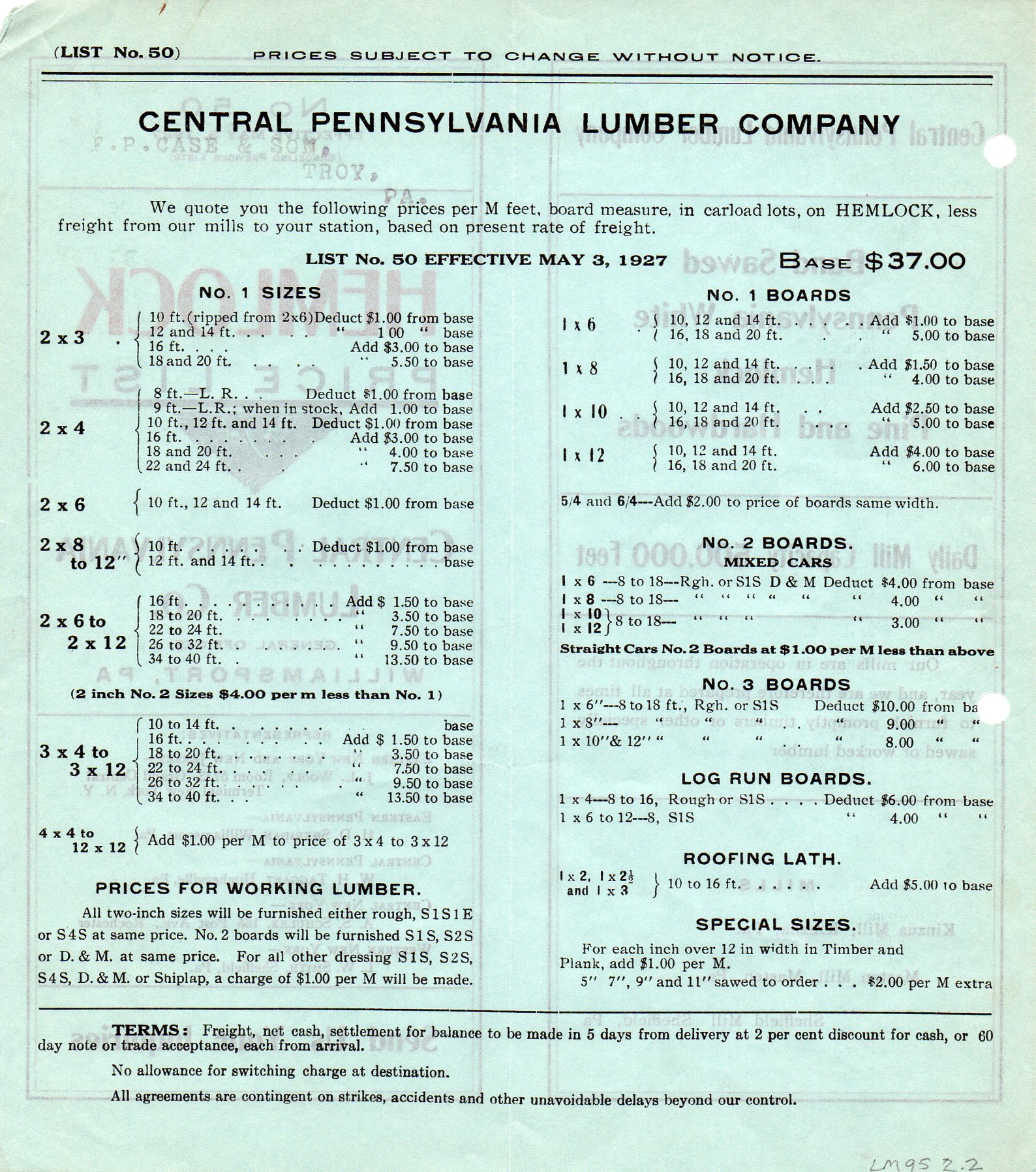 Random Artifact Time Hemlock Price List, 1927 Pennsylvania Lumber Museum